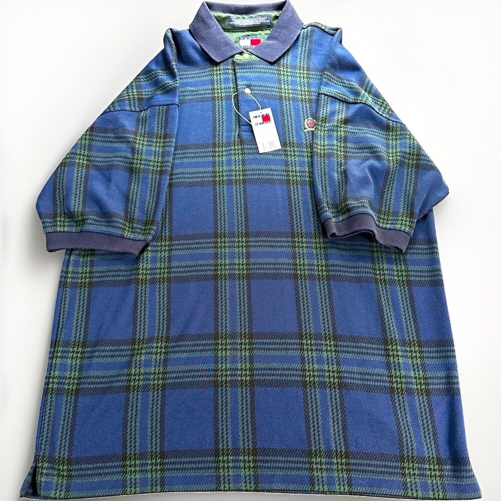 Tommy Hilfiger Men’s XL Plaid Polo Shirt NWT Blue Green Crest 90s Preppy